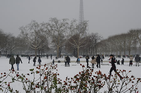 lumi, Pariis, Champs de mars, Eiffeli torn, talvel, külm, Mängud