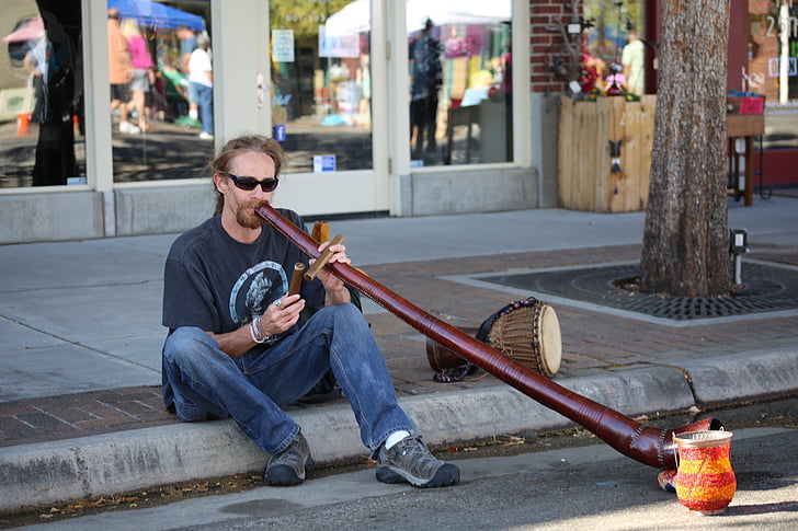 didgeridoo, pouliční hudební, muž, lidé, Australská, Aboriginal, hudební nástroj