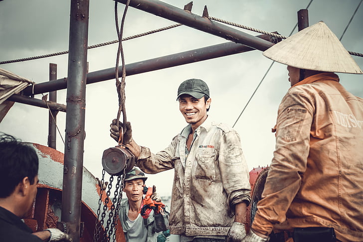 mà d'obra, reparació, Mar, somriure, cisterna, equip, Vietnam