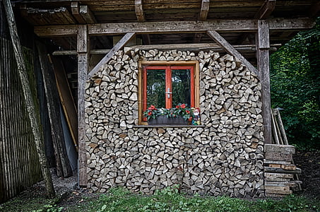 Cabaña, madera, de apilamiento, ventana, antiguo, arquitectura, Casa