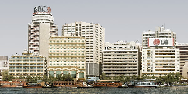 staden, Creek, LG, Dubai, balkong, stadsbild, bostadshus