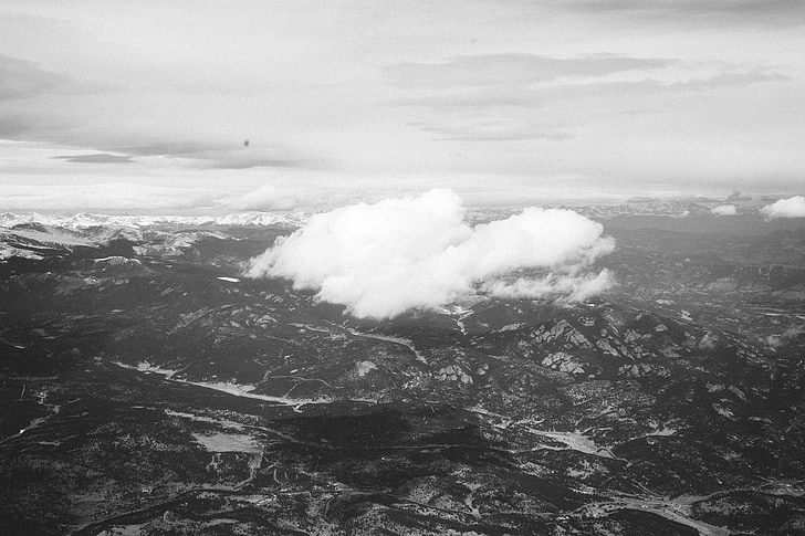 mountains, valleys, hills, sky, cloud, black and white