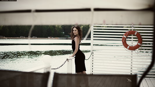 pier, yacht, girl, black dress, skirt, beautiful, sexy