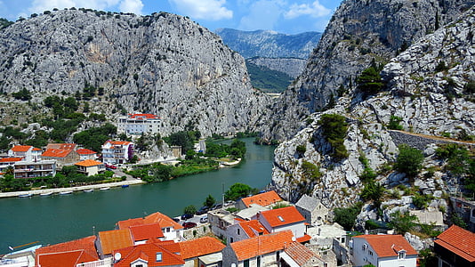 mountains, river, cetina river, houses, the roofs, cottages, rocks
