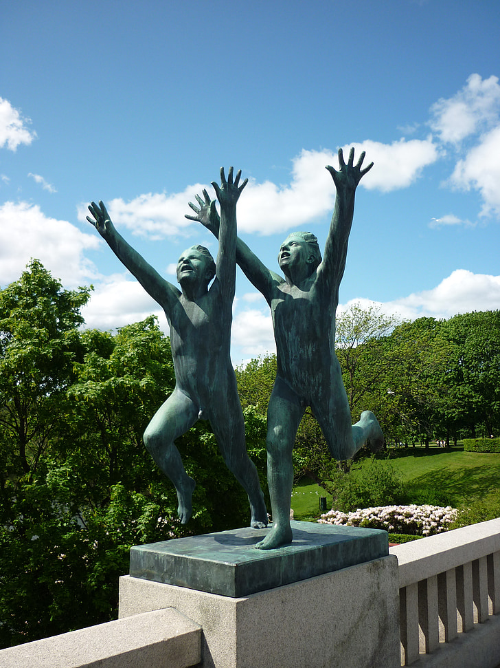 Oslo, Vigeland, arte-final, Figura de pedra, alegria, par, escultura de pedra