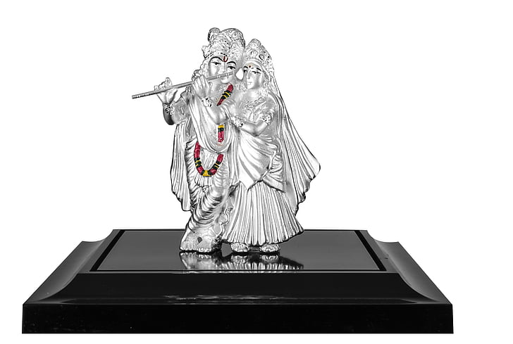 couple, silver, steel, playing, flute, figurine, india
