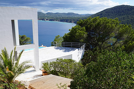 Villa, nézet, Ibiza, tenger, zöld, nyári, építészet