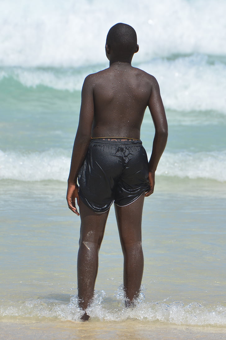 child, people, sea, black, boy, swimming trunks, beach