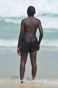 copil, oameni, mare, negru, băiat, trunchiuri de înot, plajă