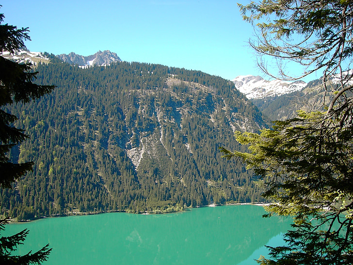 Haldensee, água, verde, azul, Tannheim, Tirol, montanhas