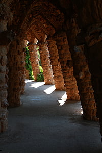 park guell, spain, gaudi, archway, arches, garden, pathway