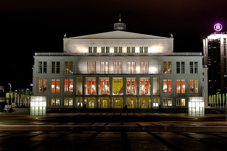 Leipzig, noć, Operna kuća, pogled na grad, reflektor, zgrada, Saska