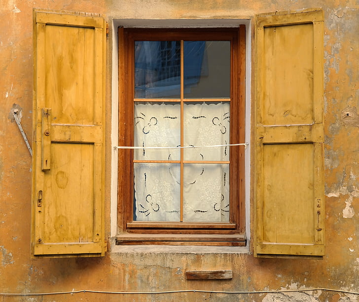 janela, amarelo, França, velho, persianas, cortina, casa