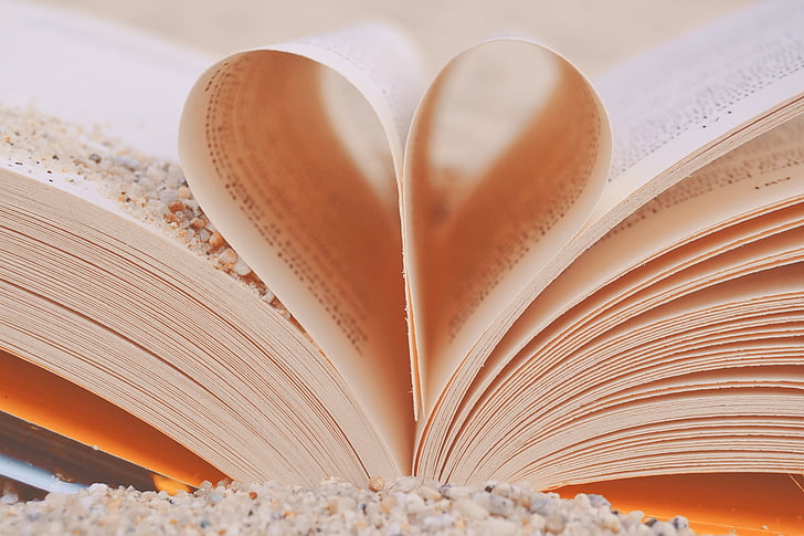 grāmatas, sirds, mīlu, graudi, smilts, jūra, lasījums