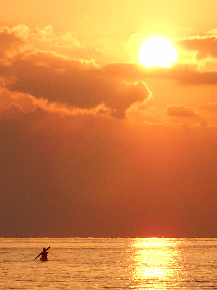 sky, sea, sunset, kayak, a lonely