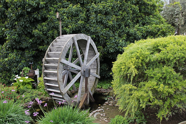 roue hydraulique, jardin, paysage