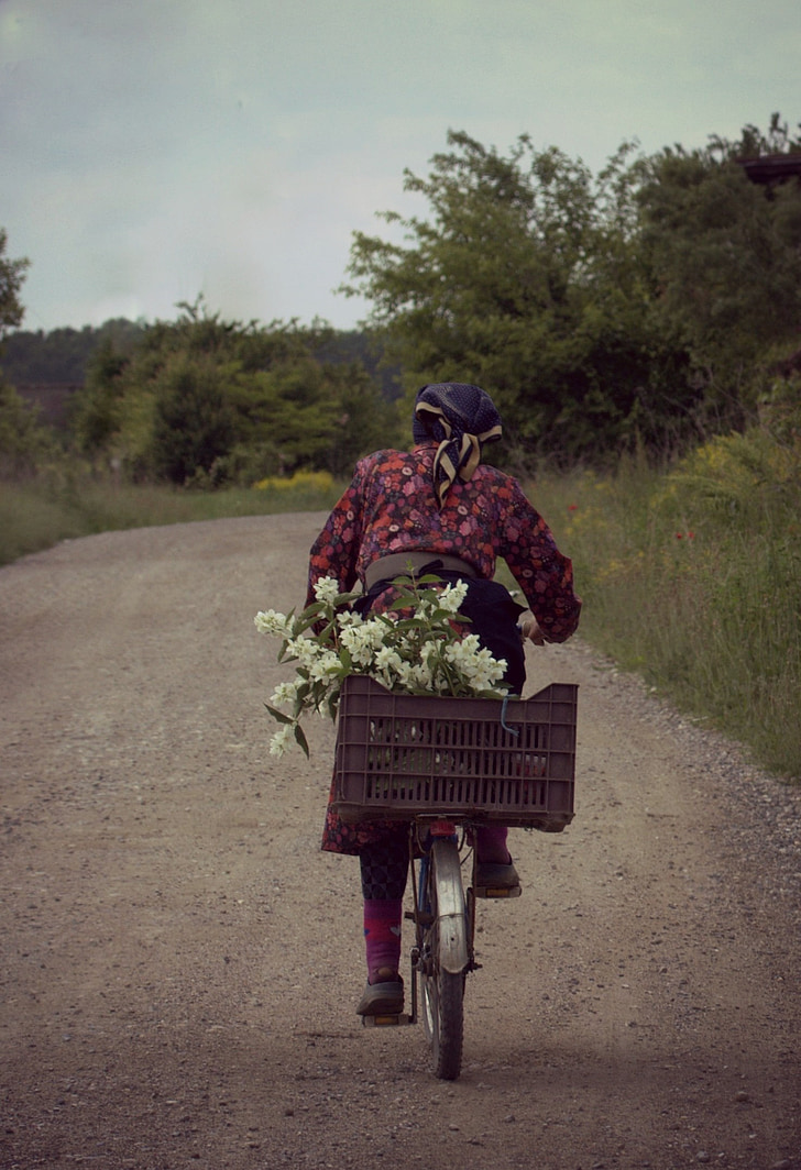 kvinne, gamle, sykkel, landlig, cos, blomster, Cara