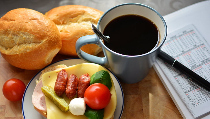 Bữa sáng, Snack, bánh sandwich, tách cà phê, bắt đầu ngày mới, phá vỡ, cuộn