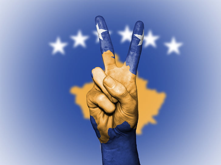 Kosovo, fred, hånd, nation, baggrund, banner, farver
