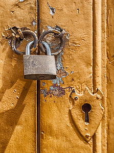 közeli kép:, ajtó, arany, kulcslyuk, zár, zárt, lakat
