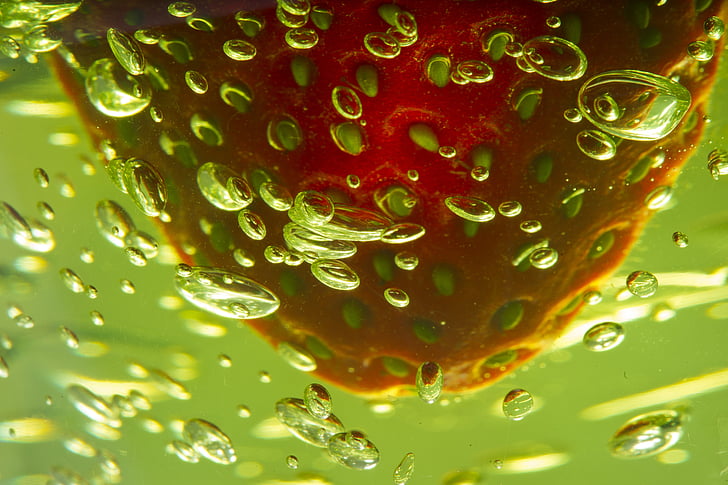 abstract, red, green, closeup, macro, strawberry, bubble