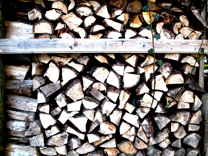 木材, holzstapel, 薪, 積み上げ, アイビー, 双呪い, 閉じる
