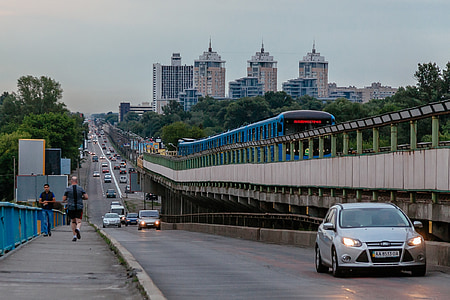 Kiev, város, metró, Ukrajna, híd, szállítás, városi táj
