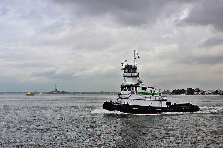 boat, new york, water, clouds, nyc, landmark, usa