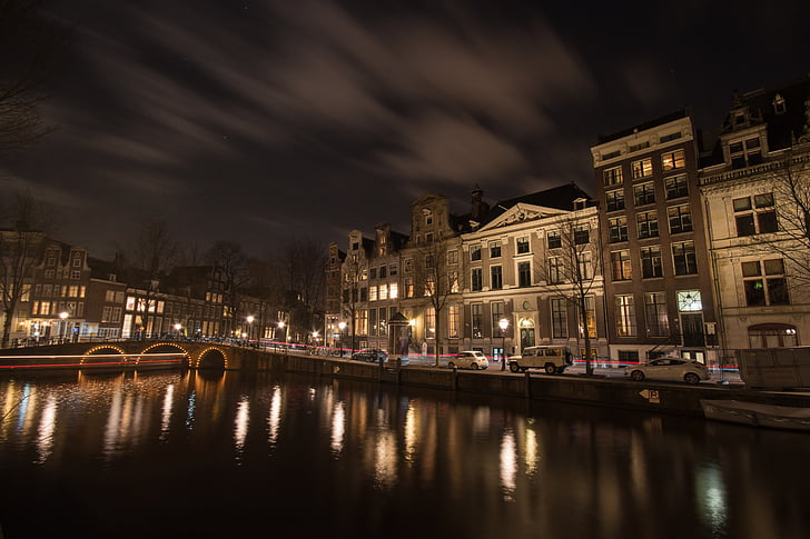 Amsterdam, kanāls, naktī, Holande, Eiropa, ceļojumi, ūdens