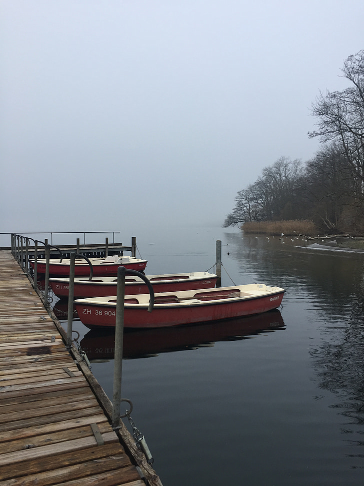 mist, boats, mooring, water, lake, calm, scenic