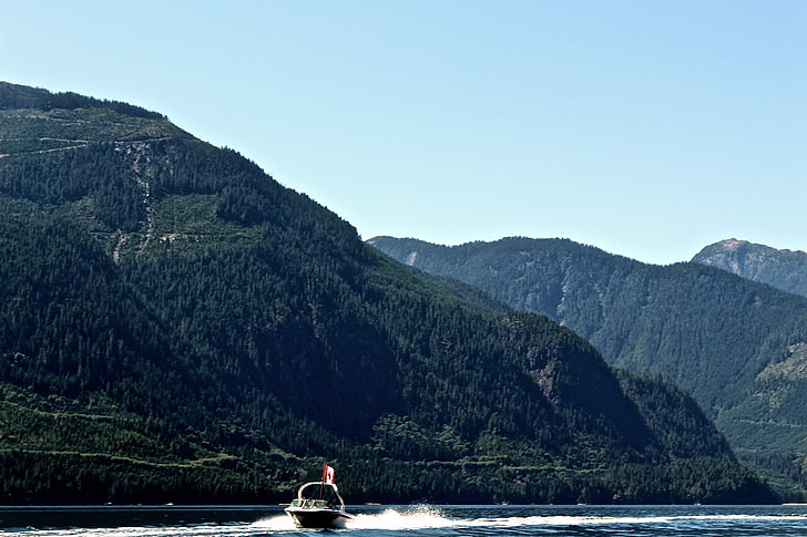 photo, bowrider, boat, body, water, mountain, valley
