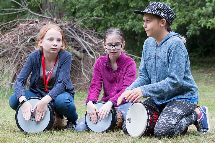 drumming, children, drumming children, outdoors, people, child, nature