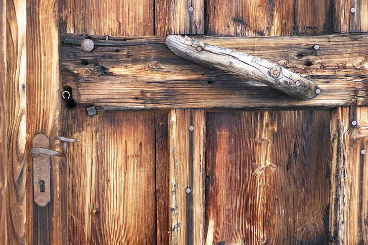 usa, lemn, colibă, vechi, ruginit, blocare
