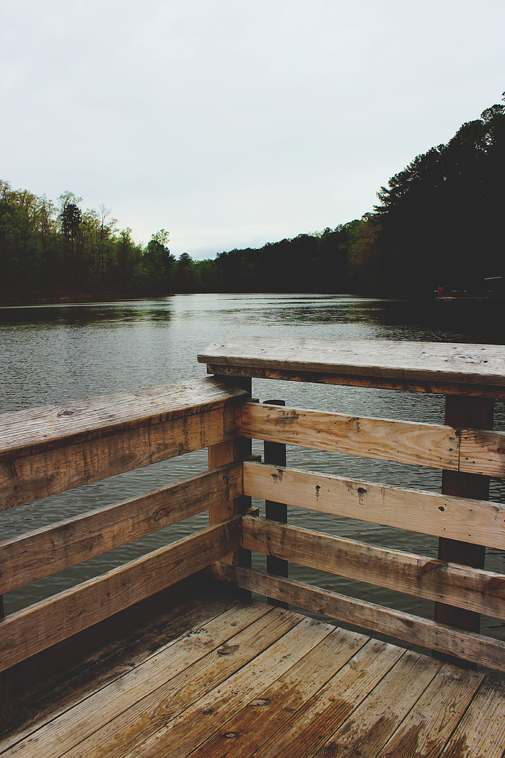 bruin, houten, hek, natuur, water, rivier, Lake