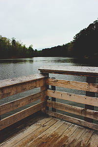 brown, wooden, fence, nature, water, river, lake
