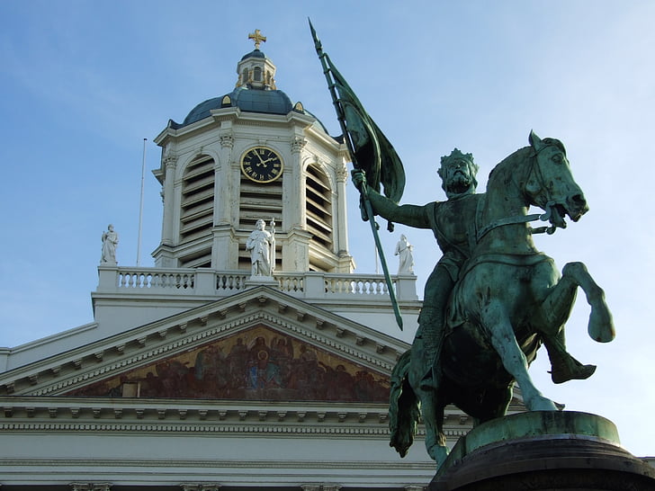Royal plaza, Bélgica, estátua, rua, coração da cidade, cidade capital, Igreja