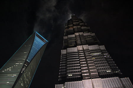 skyscrapers, shanghai, grand hyatt, shanghai world financial center, architecture, building exterior, night