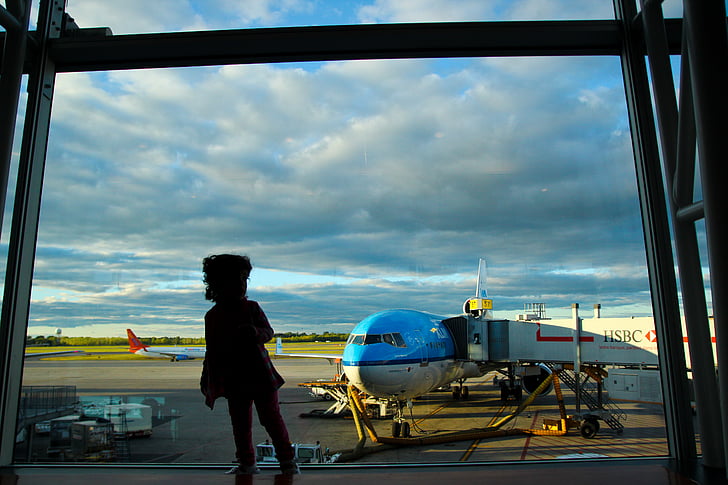 siluetas, asmuo, Žiūrėti, lėktuvas, oro uostas, vaikas, debesys
