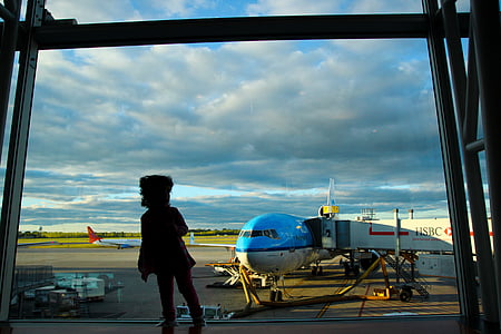 silhouette, person, watching, airplane, airport, child, clouds