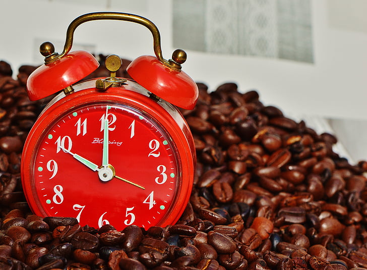 Coffee-break, pausa, relógio despertador, tempo, bebida, Aproveite, beneficiar de