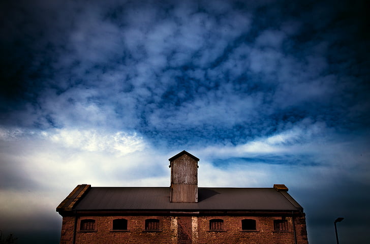warehouse, industrial, sky, cloudy, building, brick, farm