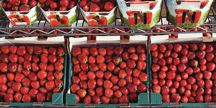bulk, jordgubbar, lådor, jordgubbe, frukter, marknaden, mat