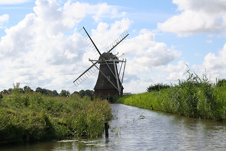 Mill, låse, Groningen, Holland, floden, gamle, milepæl