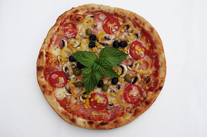 pizza, basil, olives, meal, cheese, food, tomato