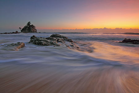beach, dawn, dusk, nature, ocean, rocks, sand