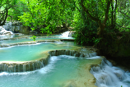waterfall, laos, luang prabang, landscape, wilderness, scenery, natural