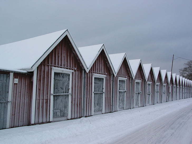 winter, lake, fischer, hut, cold, bank, frozen