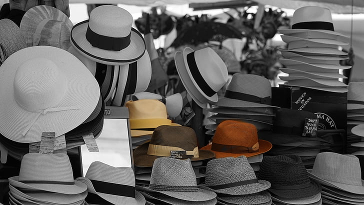 mütsid, müügi stend, turu varisemine, Panama kübar, võtme, Verona, peakatteta