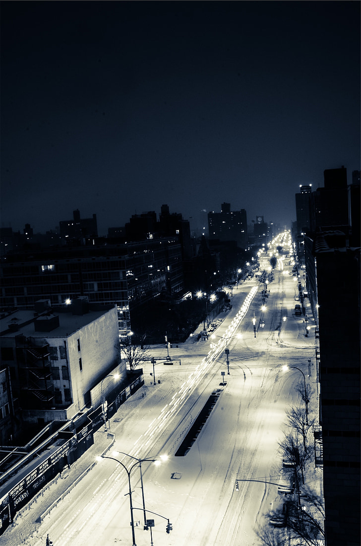 city, streets, roads, lamp posts, lights, night, dark