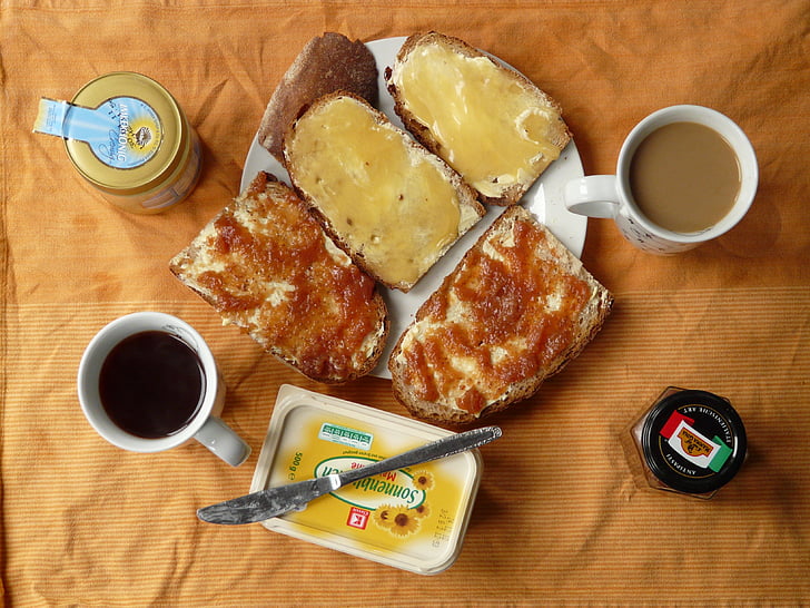 Aamiainen, kahvi, syödä, aamu, hunaja, hunaja leipää, hillo